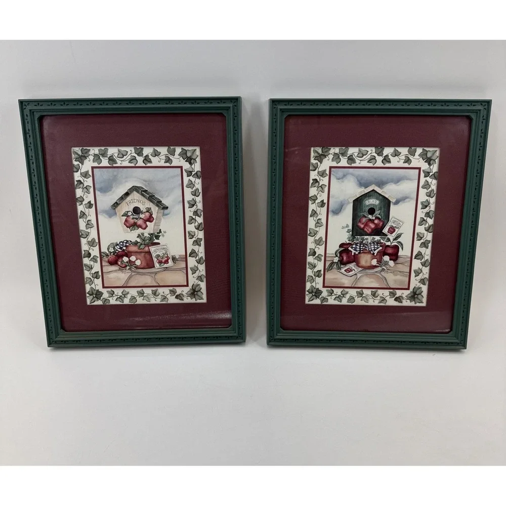 Rare Vintage Home Interior set of 2 Apple Birdhouse Pictures with Green Frames